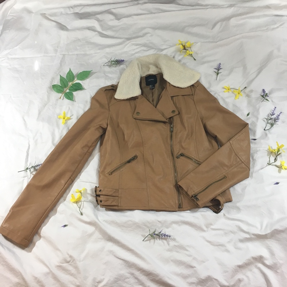 Cognac Brown Faux Leather Bomber Jacket